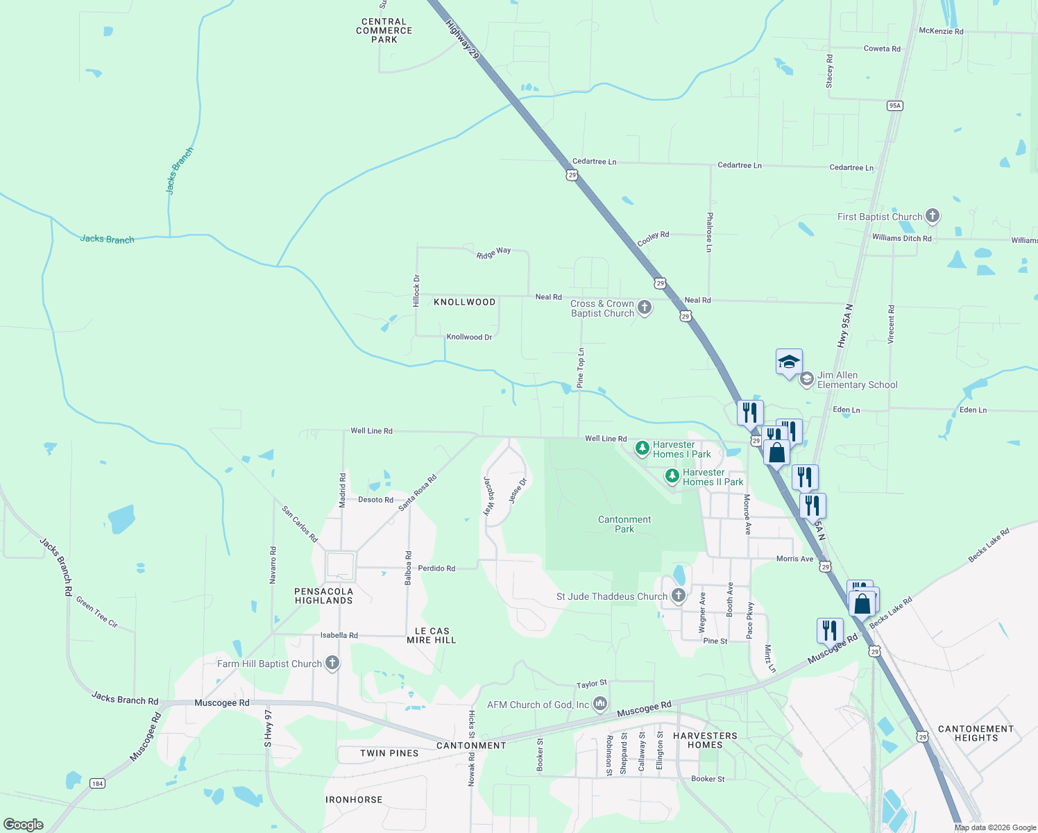 map of restaurants, bars, coffee shops, grocery stores, and more near 754 Well Line Road in Escambia County