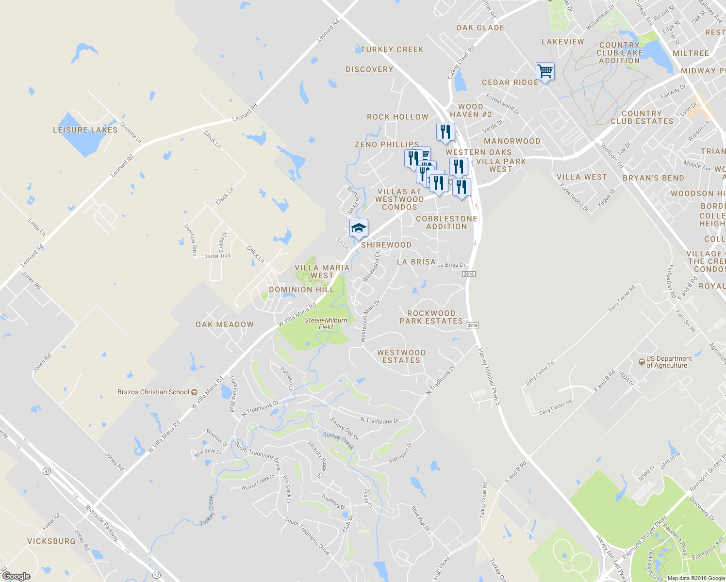 map of restaurants, bars, coffee shops, grocery stores, and more near 2900 Helms Gate Circle in Bryan