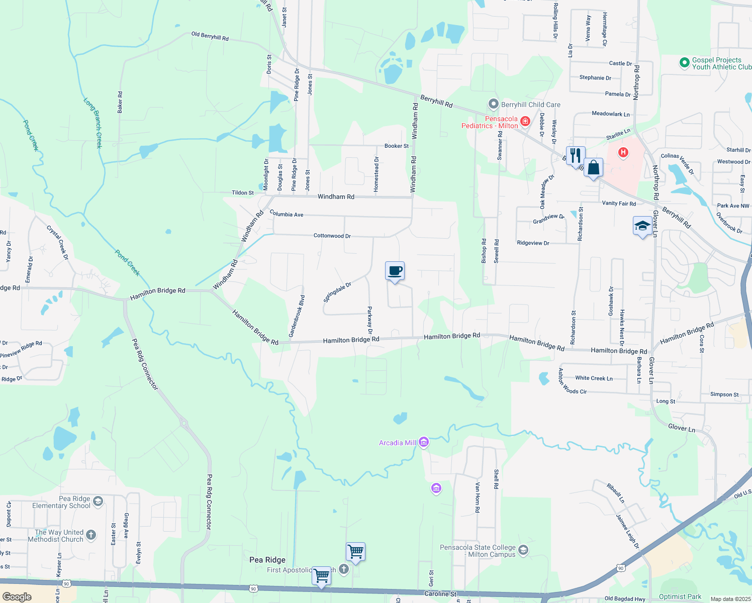 map of restaurants, bars, coffee shops, grocery stores, and more near 5190 Parkway Drive in Milton
