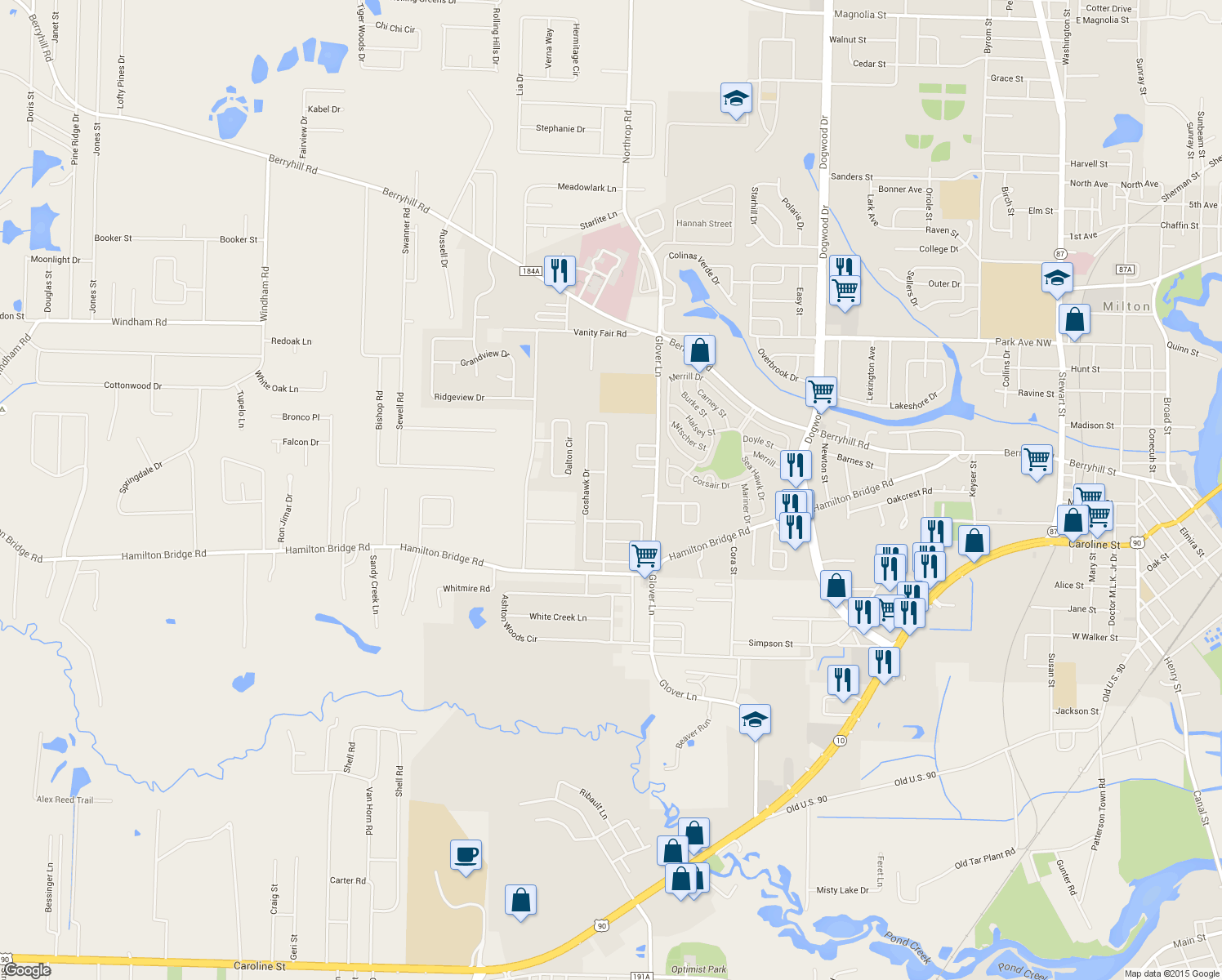 map of restaurants, bars, coffee shops, grocery stores, and more near 5198 Hawks Nest Drive in Milton