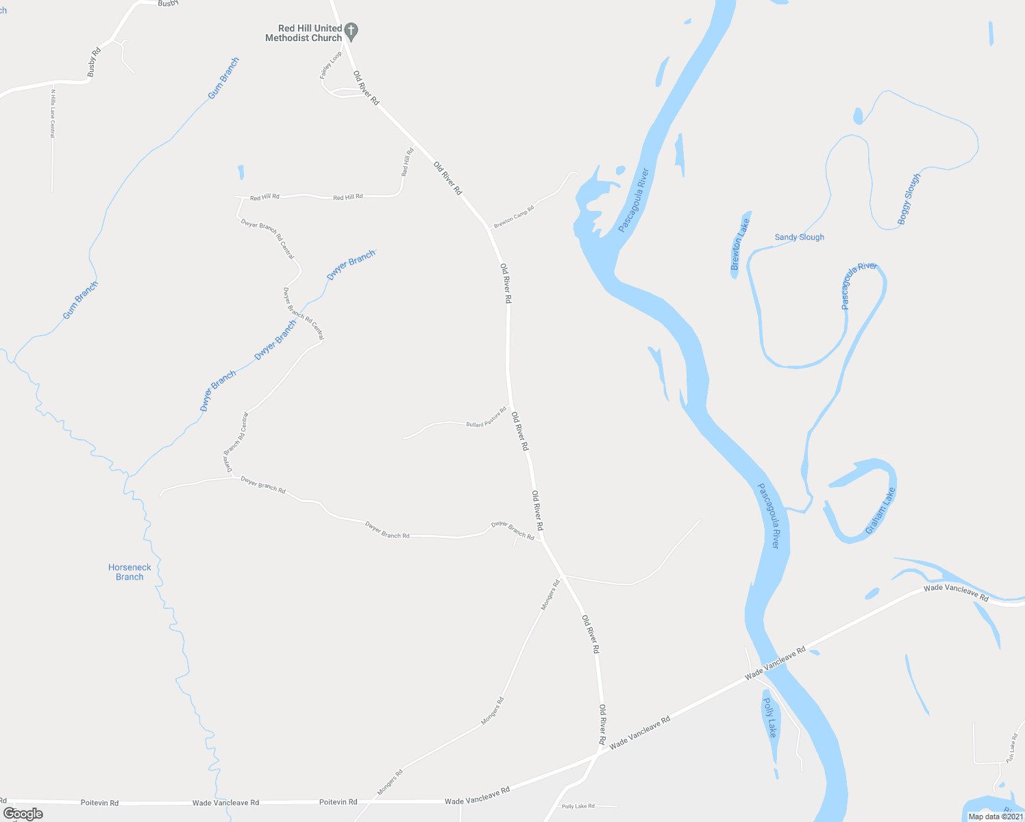 map of restaurants, bars, coffee shops, grocery stores, and more near 19201 Old River Road in Vancleave