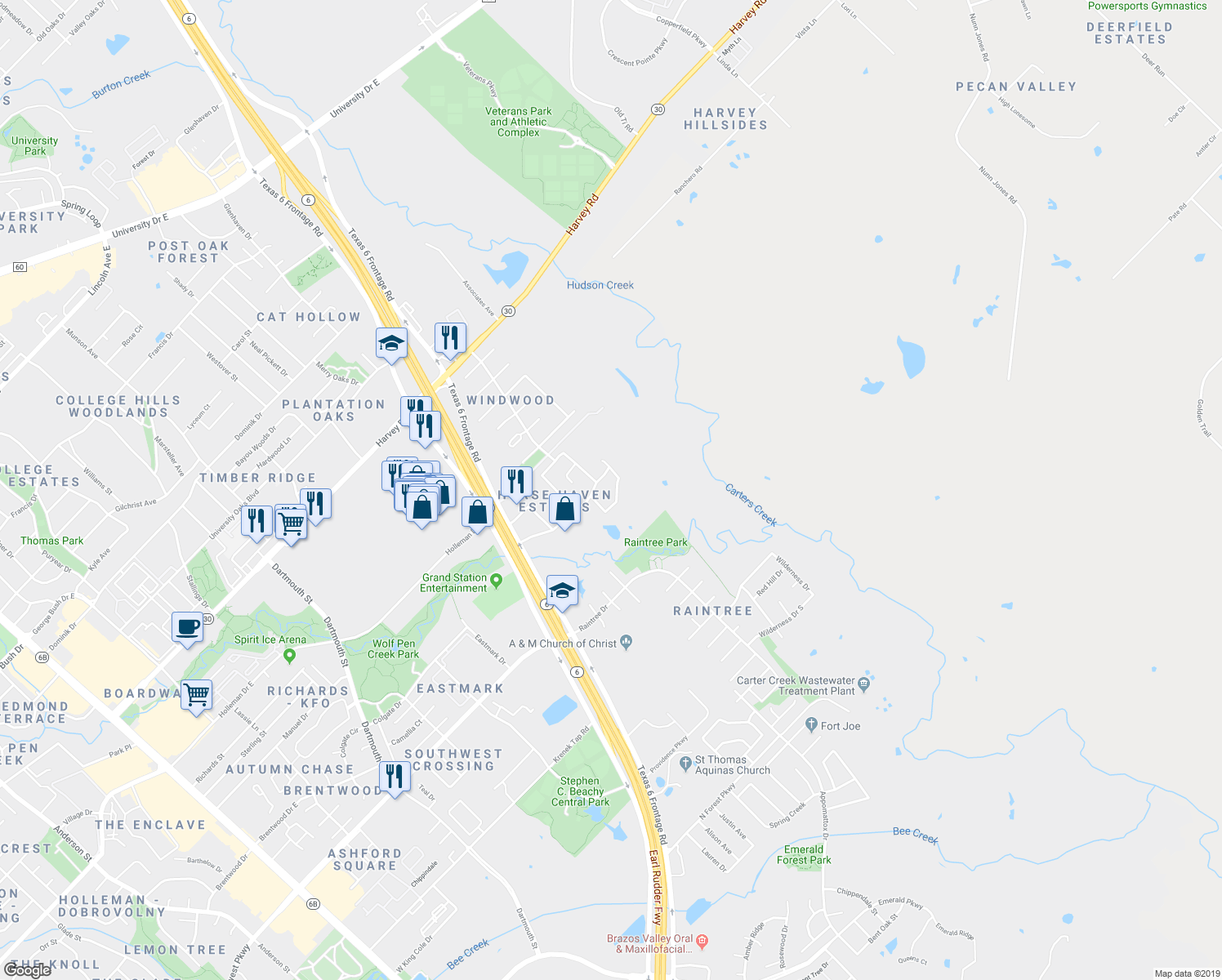 map of restaurants, bars, coffee shops, grocery stores, and more near 2823 Horseback Drive in College Station