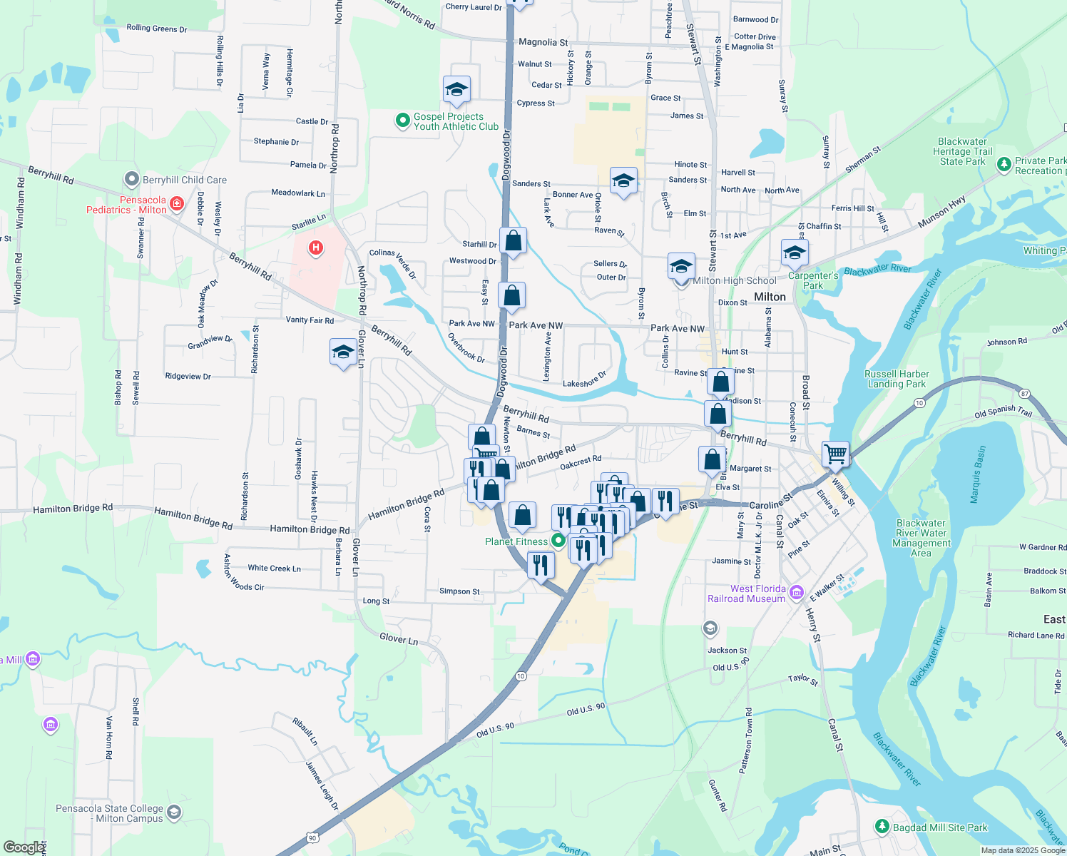 map of restaurants, bars, coffee shops, grocery stores, and more near 6438 Barnes Street in Milton