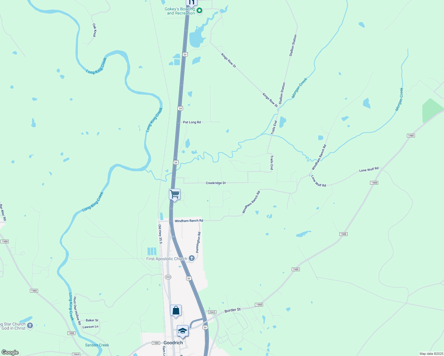 map of restaurants, bars, coffee shops, grocery stores, and more near 232 Hiding Place in Goodrich