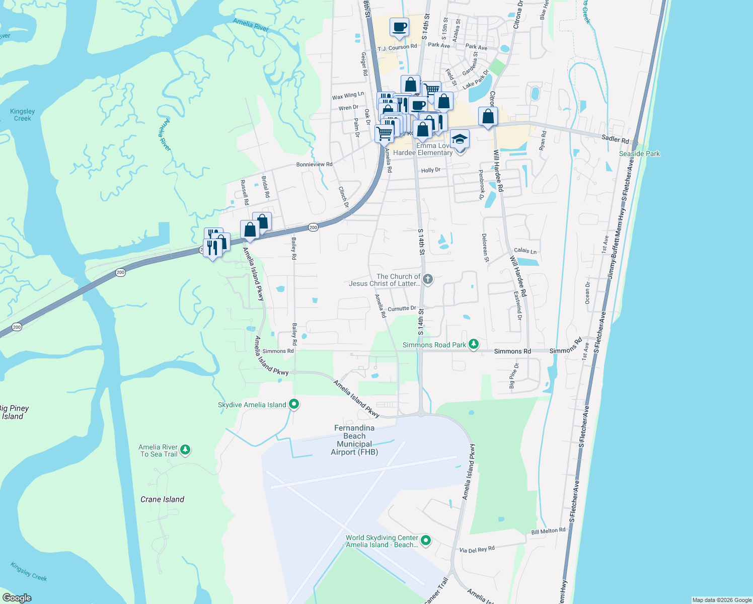 map of restaurants, bars, coffee shops, grocery stores, and more near 2837 Amelia Road in Fernandina Beach