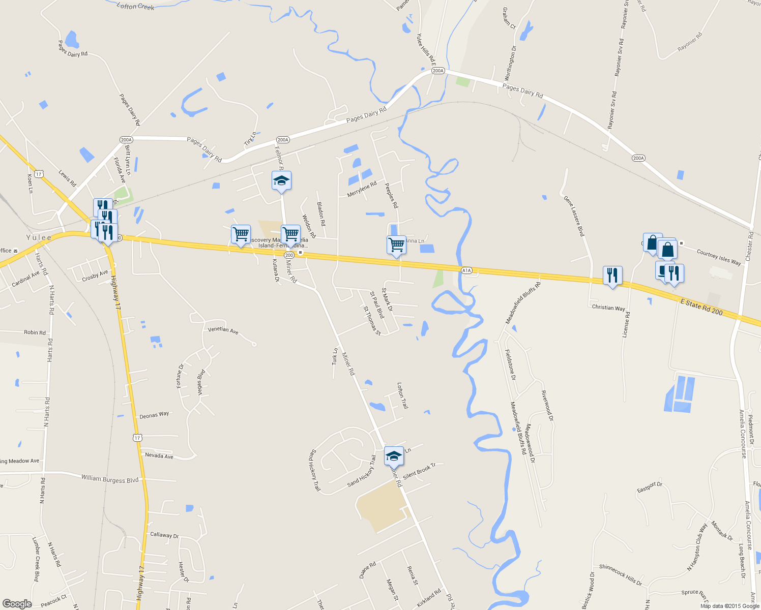 map of restaurants, bars, coffee shops, grocery stores, and more near 84150 Saint Paul Boulevard in Yulee