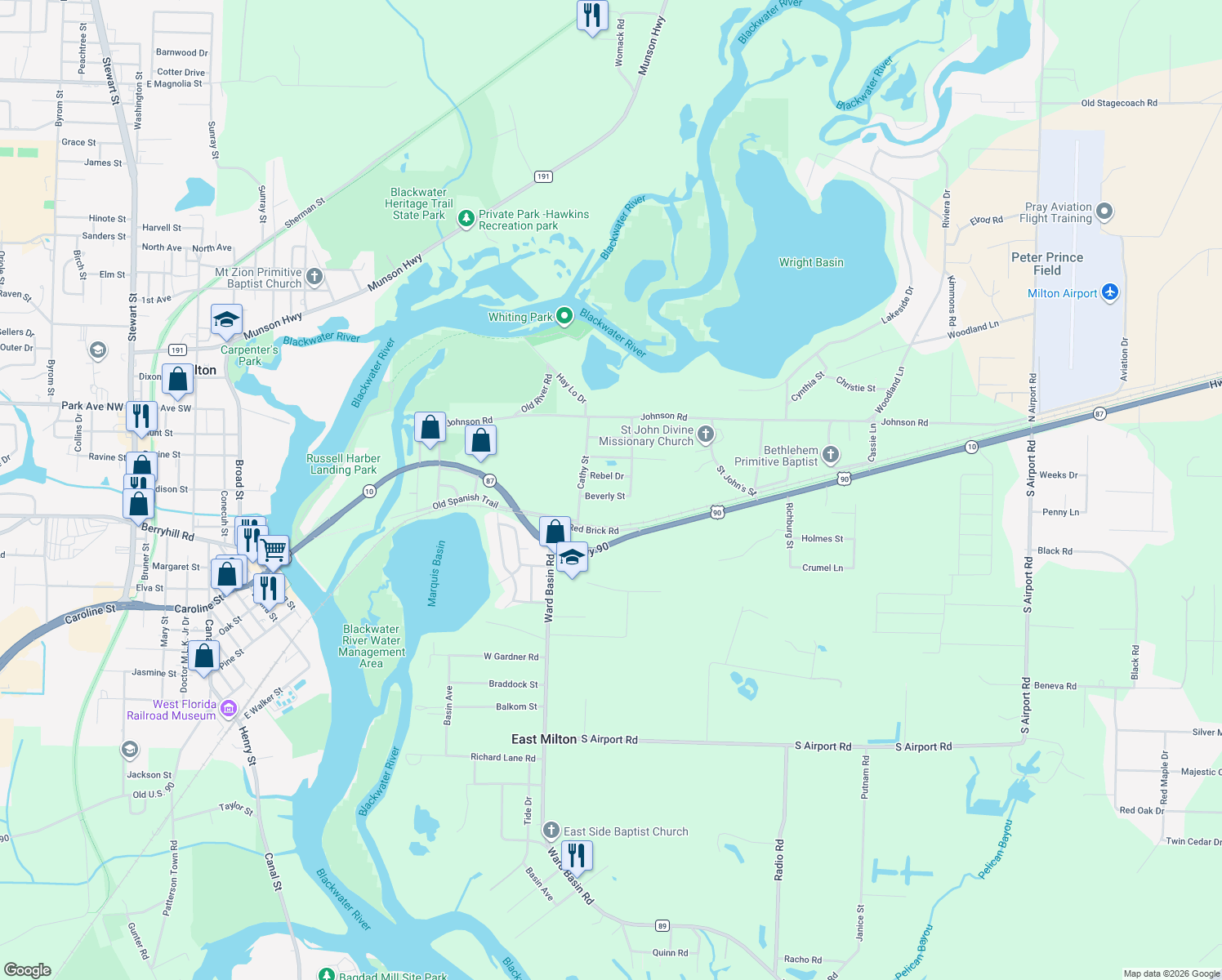 map of restaurants, bars, coffee shops, grocery stores, and more near 7228 Beverly Street in Milton
