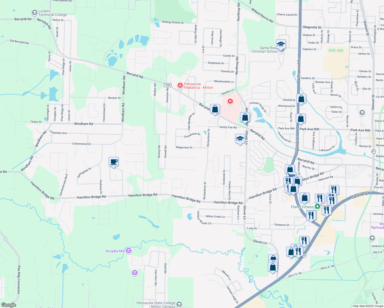 map of restaurants, bars, coffee shops, grocery stores, and more near 5986 Gillum Road in Milton