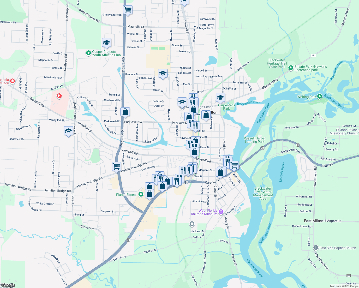 map of restaurants, bars, coffee shops, grocery stores, and more near 5312 Collins Drive in Milton