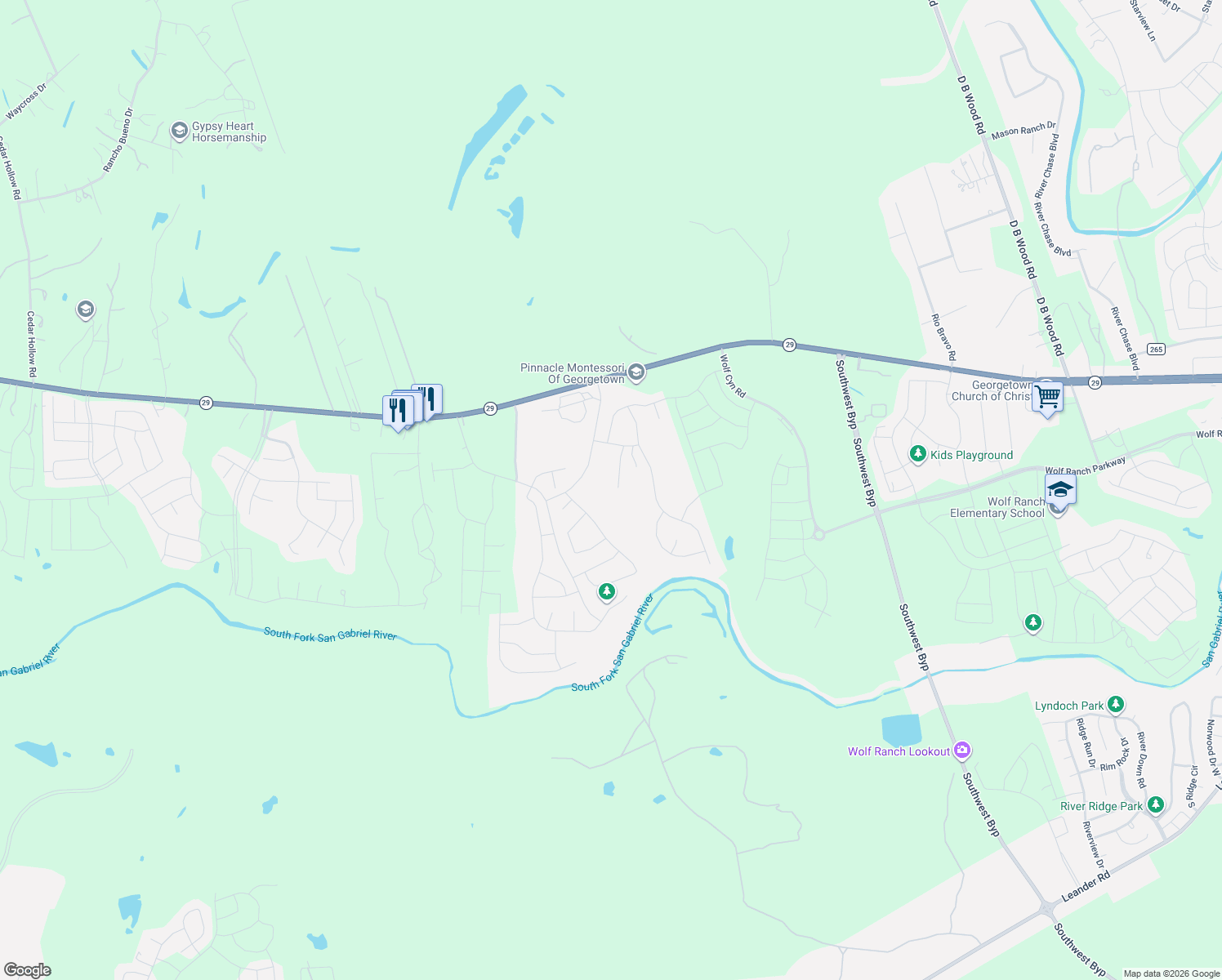 map of restaurants, bars, coffee shops, grocery stores, and more near 142 Rapid Springs Cove in Georgetown