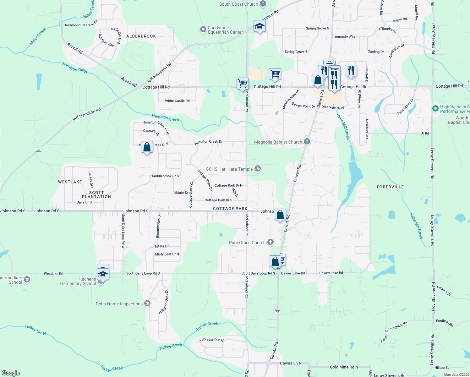 map of restaurants, bars, coffee shops, grocery stores, and more near 9259 Cottage Park Drive North in Mobile