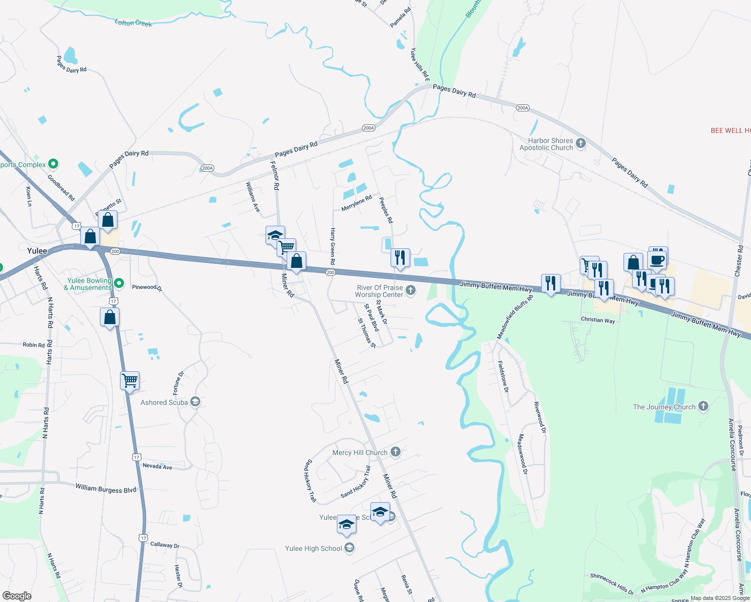 map of restaurants, bars, coffee shops, grocery stores, and more near 83223 Saint Mark Drive in Yulee