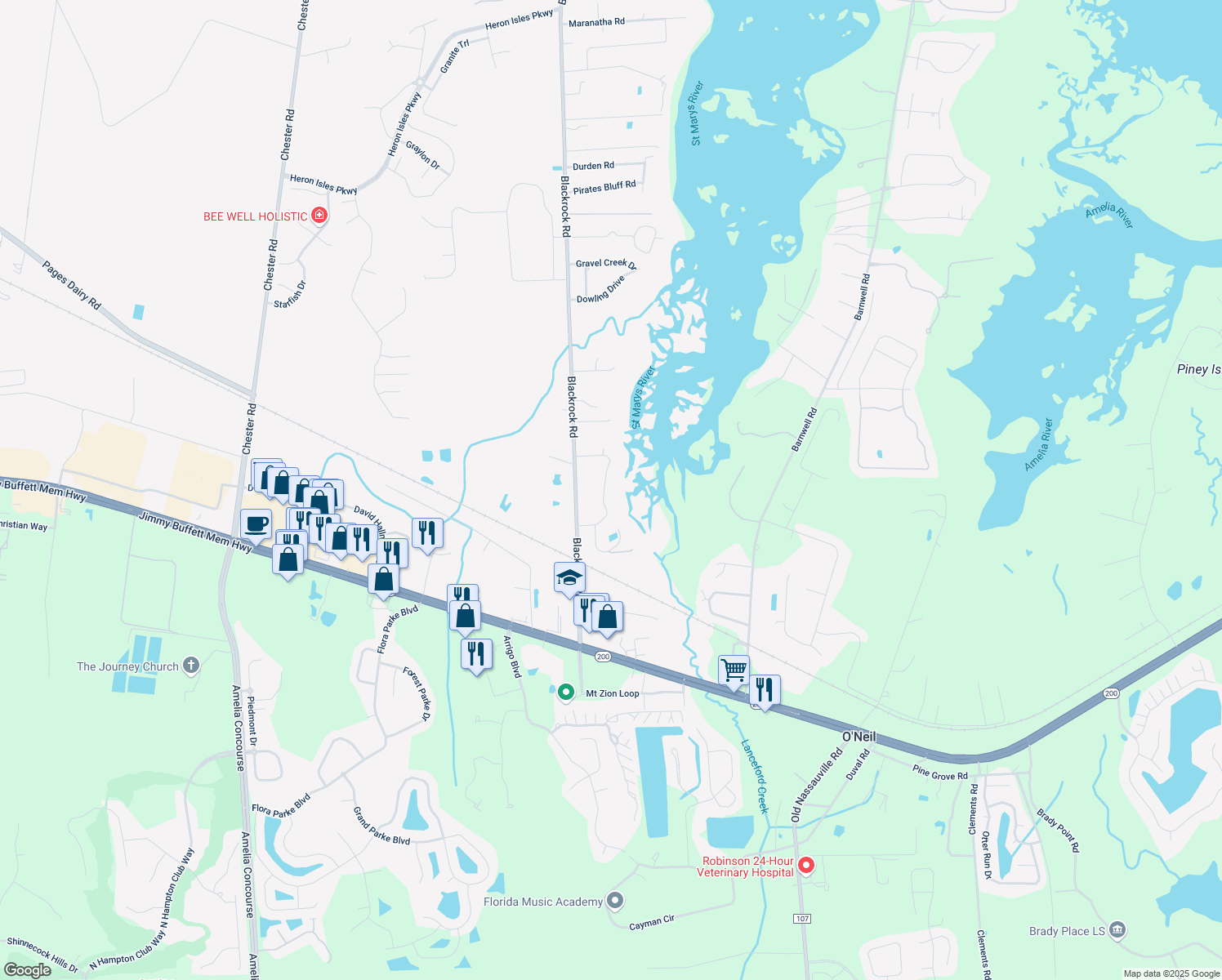 map of restaurants, bars, coffee shops, grocery stores, and more near 96188 Windsor Drive in Yulee