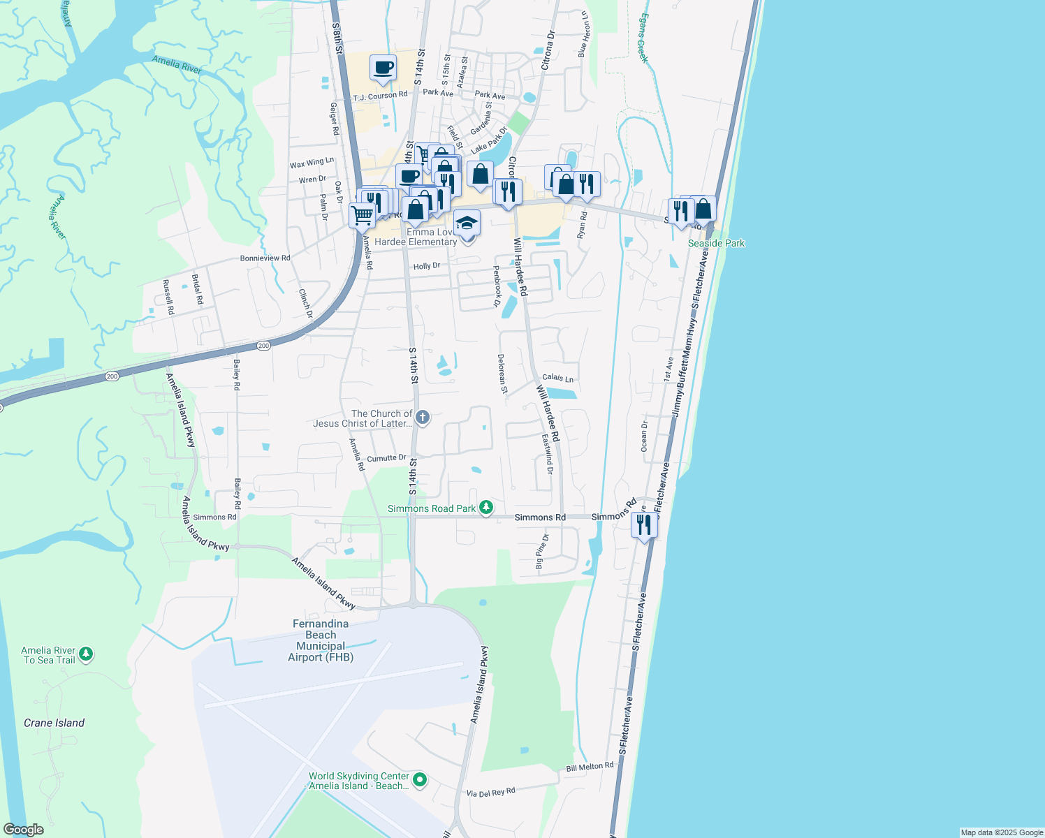 map of restaurants, bars, coffee shops, grocery stores, and more near 1917 Sea Oats Avenue in Fernandina Beach