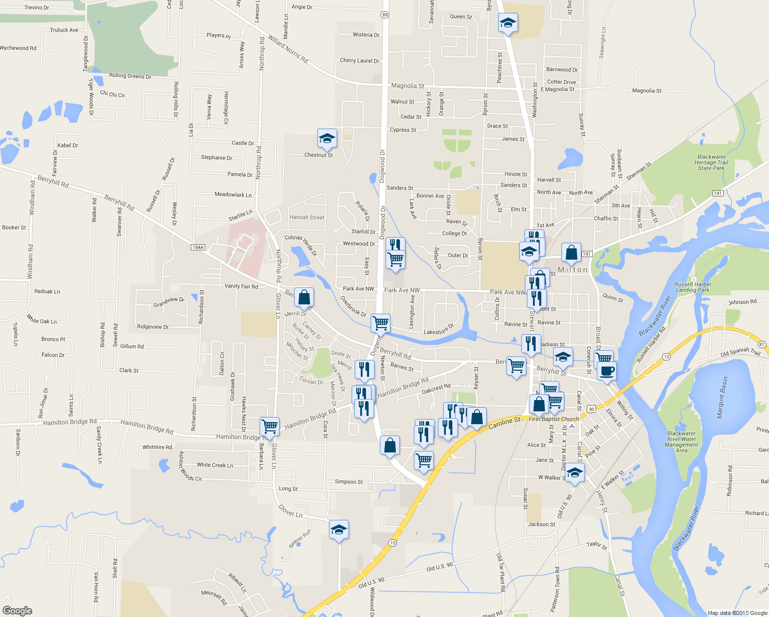 map of restaurants, bars, coffee shops, grocery stores, and more near 5362 Dogwood Drive in Milton