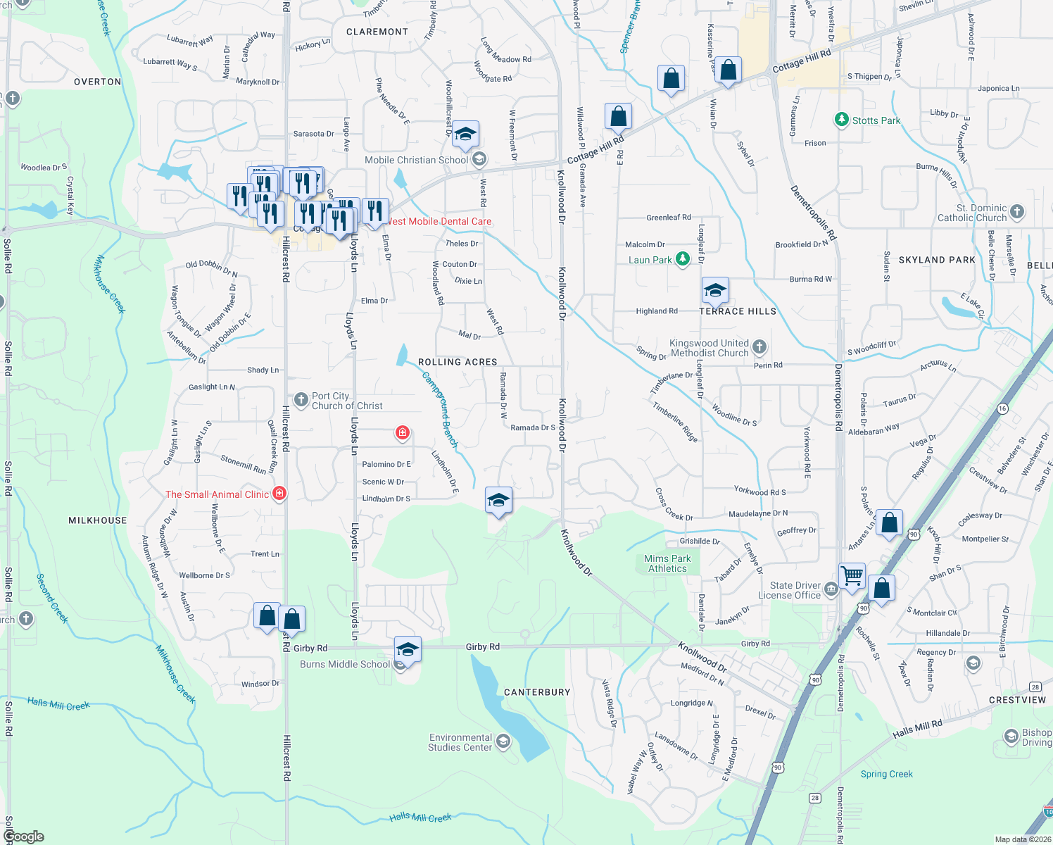 map of restaurants, bars, coffee shops, grocery stores, and more near 5722 Ramada Drive South in Mobile