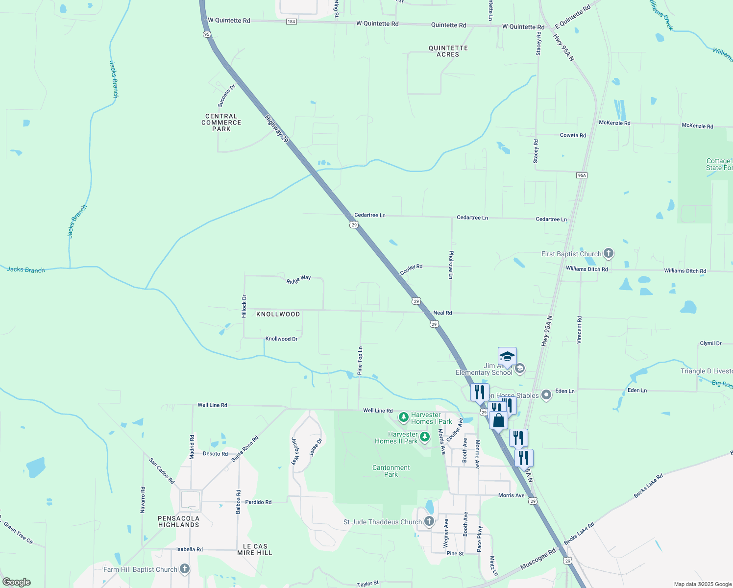 map of restaurants, bars, coffee shops, grocery stores, and more near 810 Neal Rd in Escambia