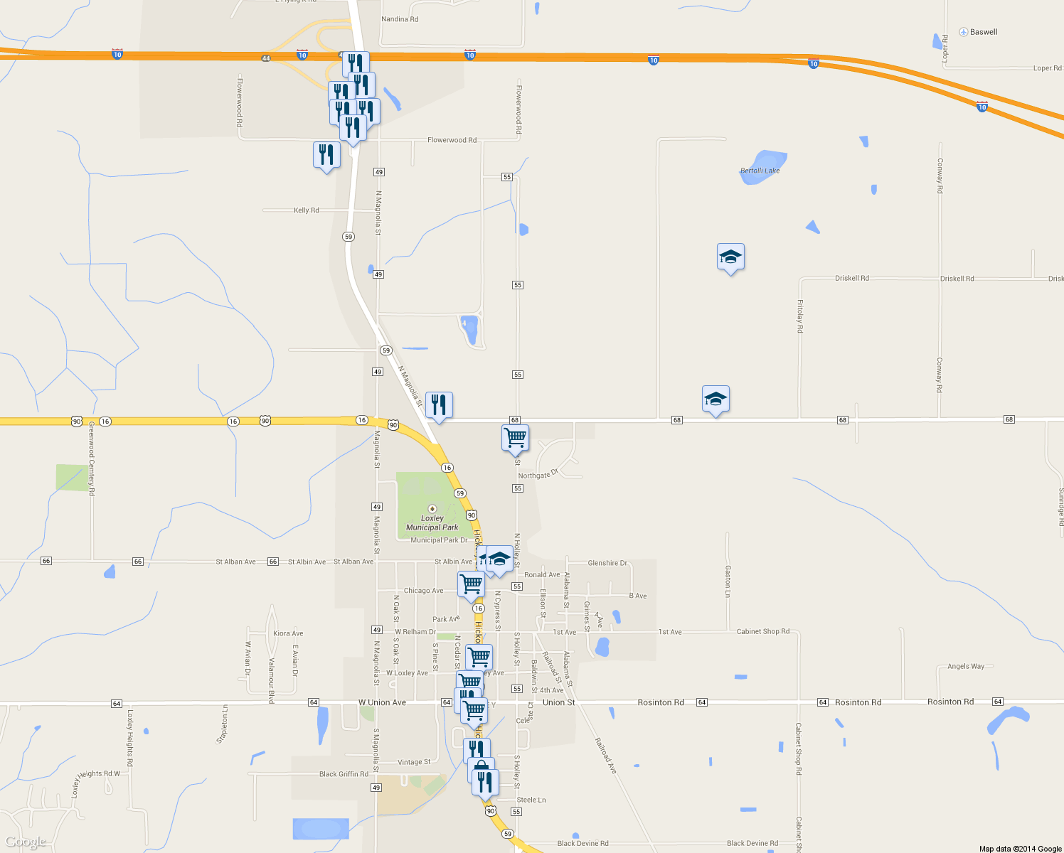 map of restaurants, bars, coffee shops, grocery stores, and more near 3020 County Road 68 in Loxley