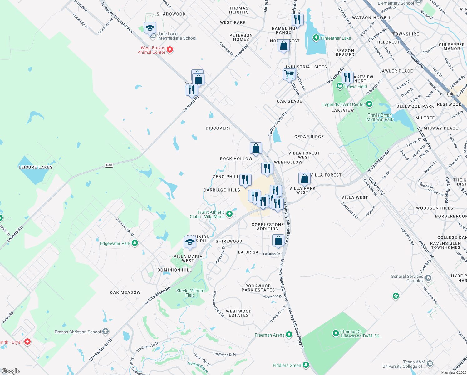 map of restaurants, bars, coffee shops, grocery stores, and more near 1814 Gray Stone Dr in Bryan