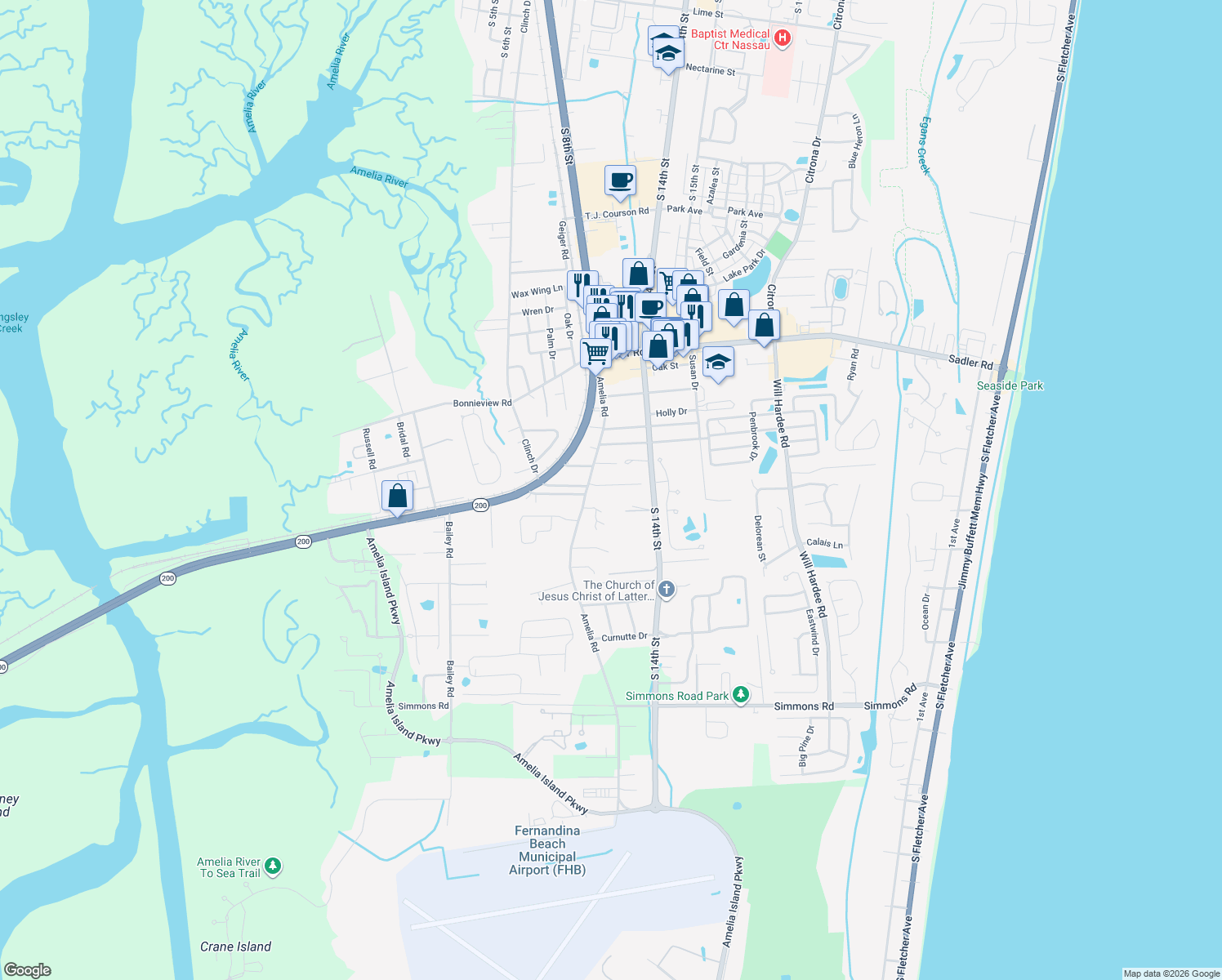 map of restaurants, bars, coffee shops, grocery stores, and more near 842 Oak Lane in Fernandina Beach