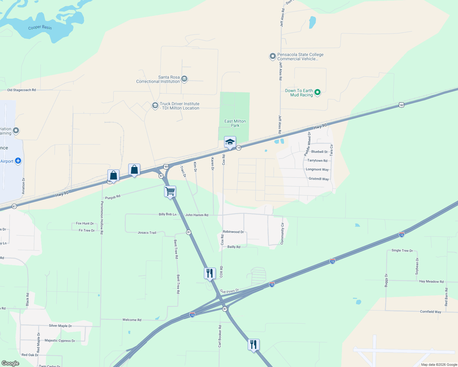 map of restaurants, bars, coffee shops, grocery stores, and more near 5444 Cox Road in Milton