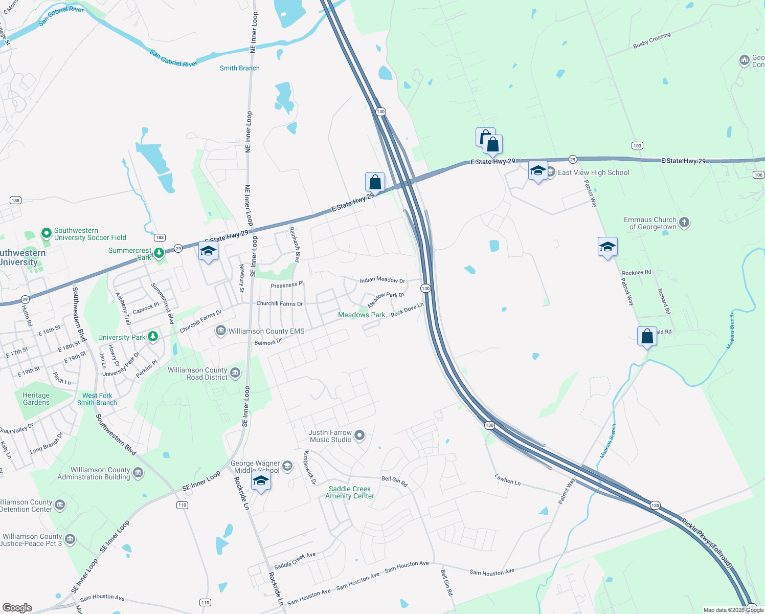 map of restaurants, bars, coffee shops, grocery stores, and more near 801 Dove Meadow Cove in Georgetown