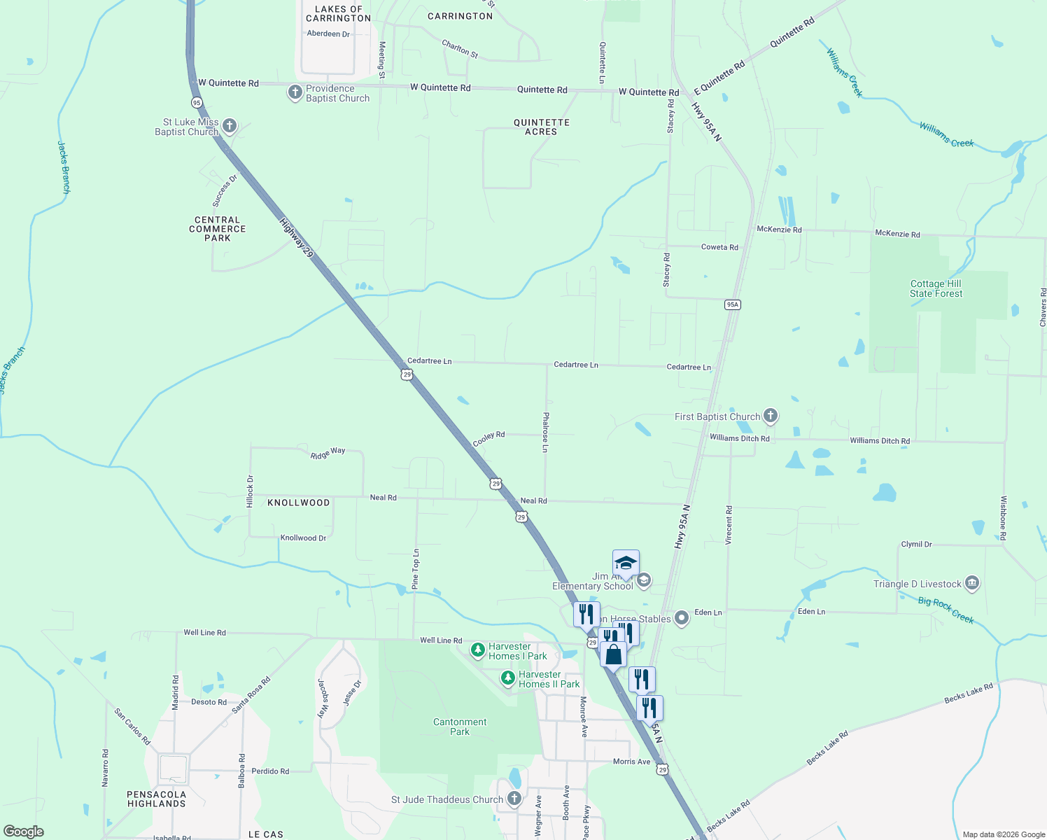 map of restaurants, bars, coffee shops, grocery stores, and more near 650 Cooley Road in Escambia County