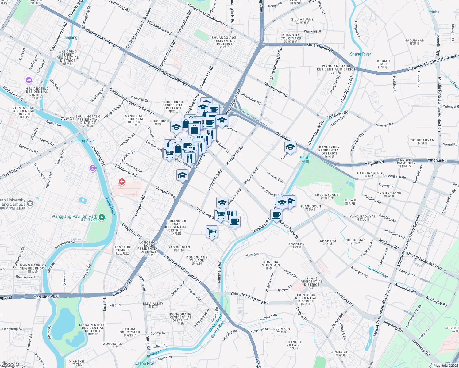 map of restaurants, bars, coffee shops, grocery stores, and more near Hui Xiang Lu in Cheng Du Shi