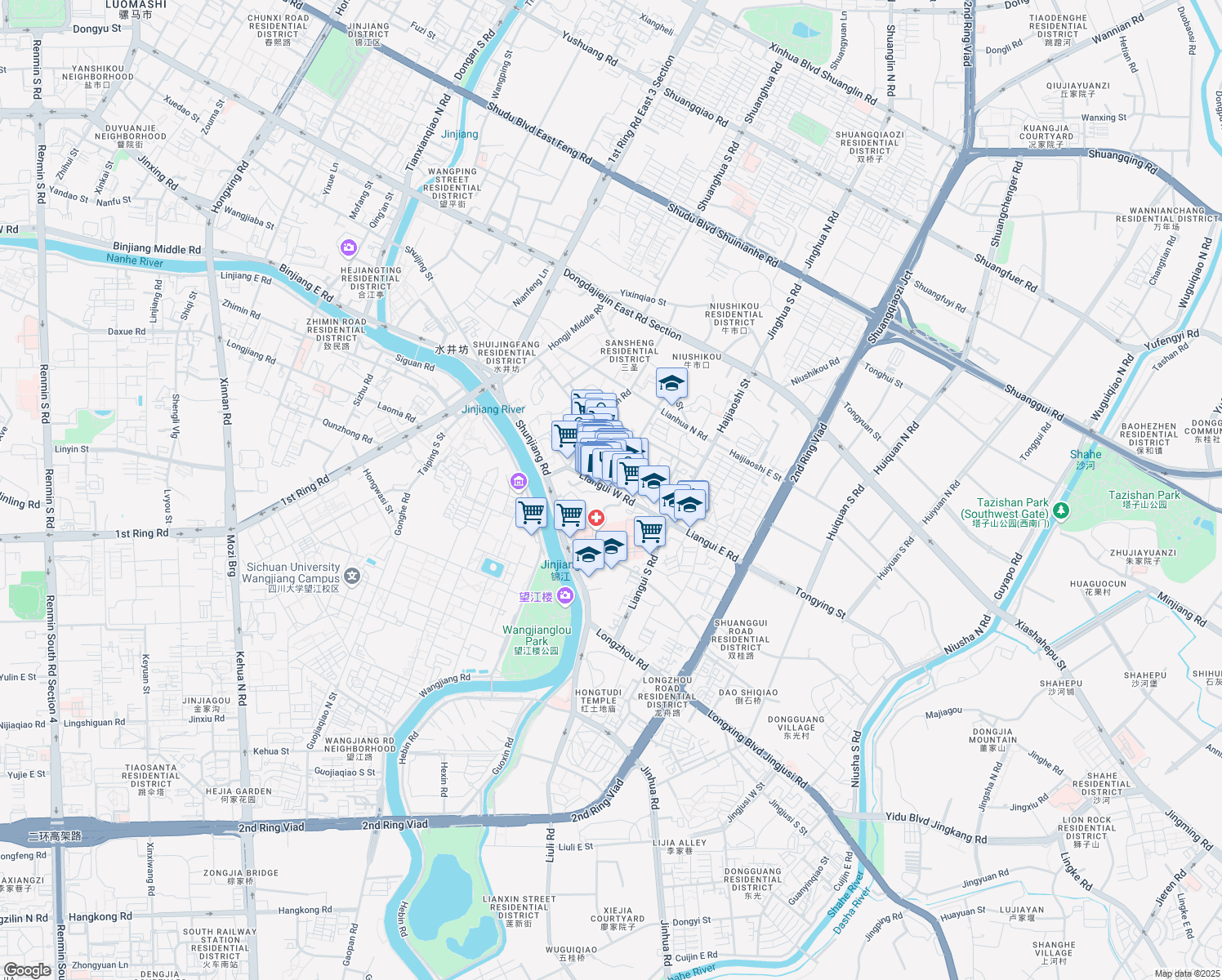 map of restaurants, bars, coffee shops, grocery stores, and more near Lian Gui Xi Lu in Cheng Du Shi