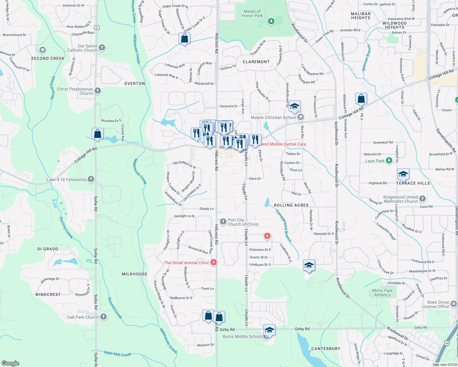 map of restaurants, bars, coffee shops, grocery stores, and more near 2612 Rose Court in Mobile