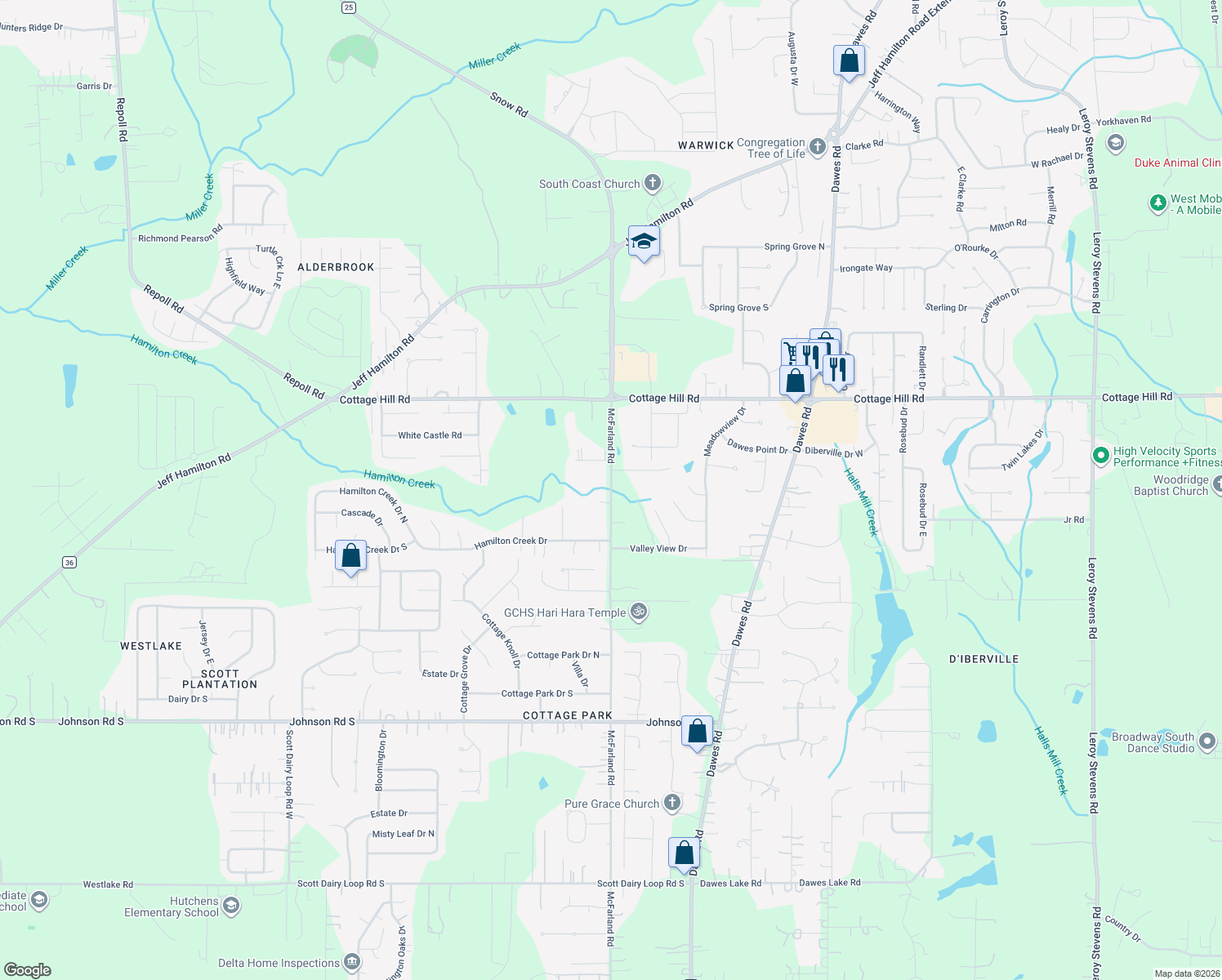 map of restaurants, bars, coffee shops, grocery stores, and more near 2536 McFarland Rd in Mobile