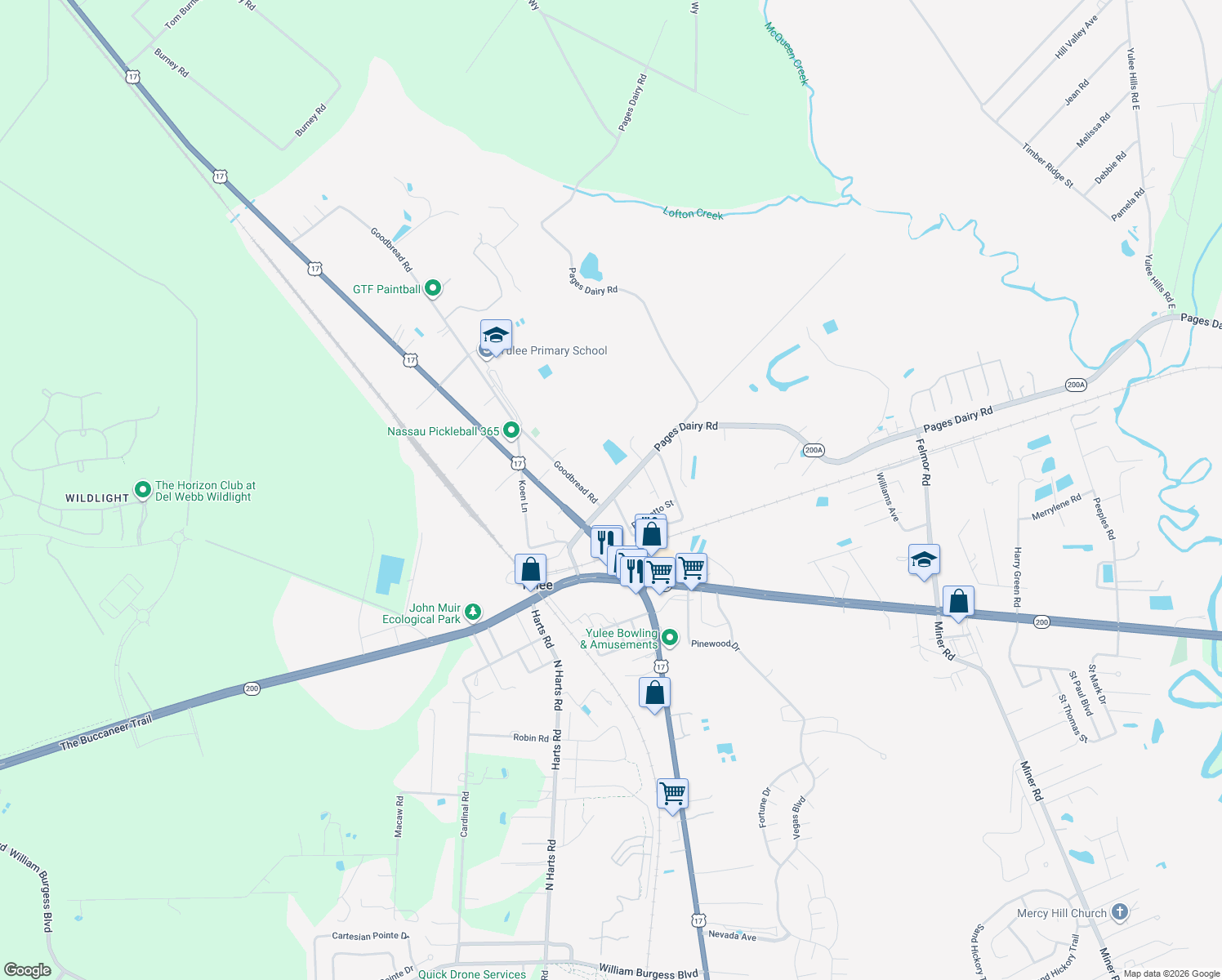 map of restaurants, bars, coffee shops, grocery stores, and more near 86067 Pages Dairy Road in Yulee