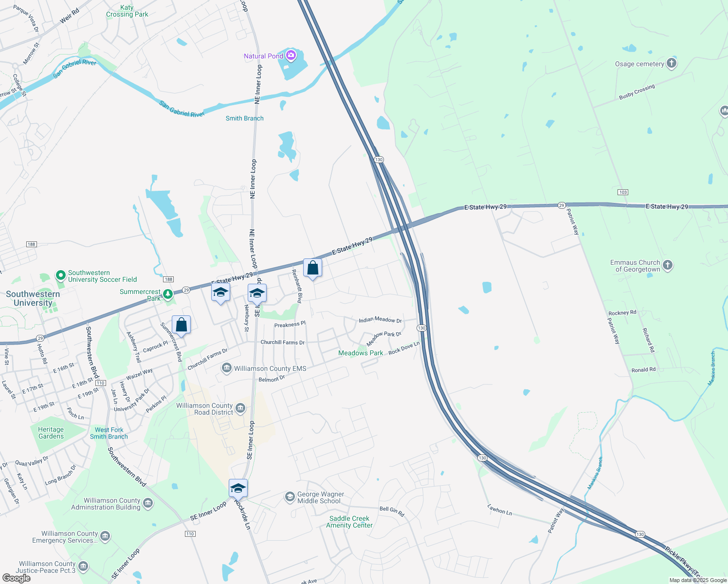 map of restaurants, bars, coffee shops, grocery stores, and more near 50308 Raindance Drive in Georgetown