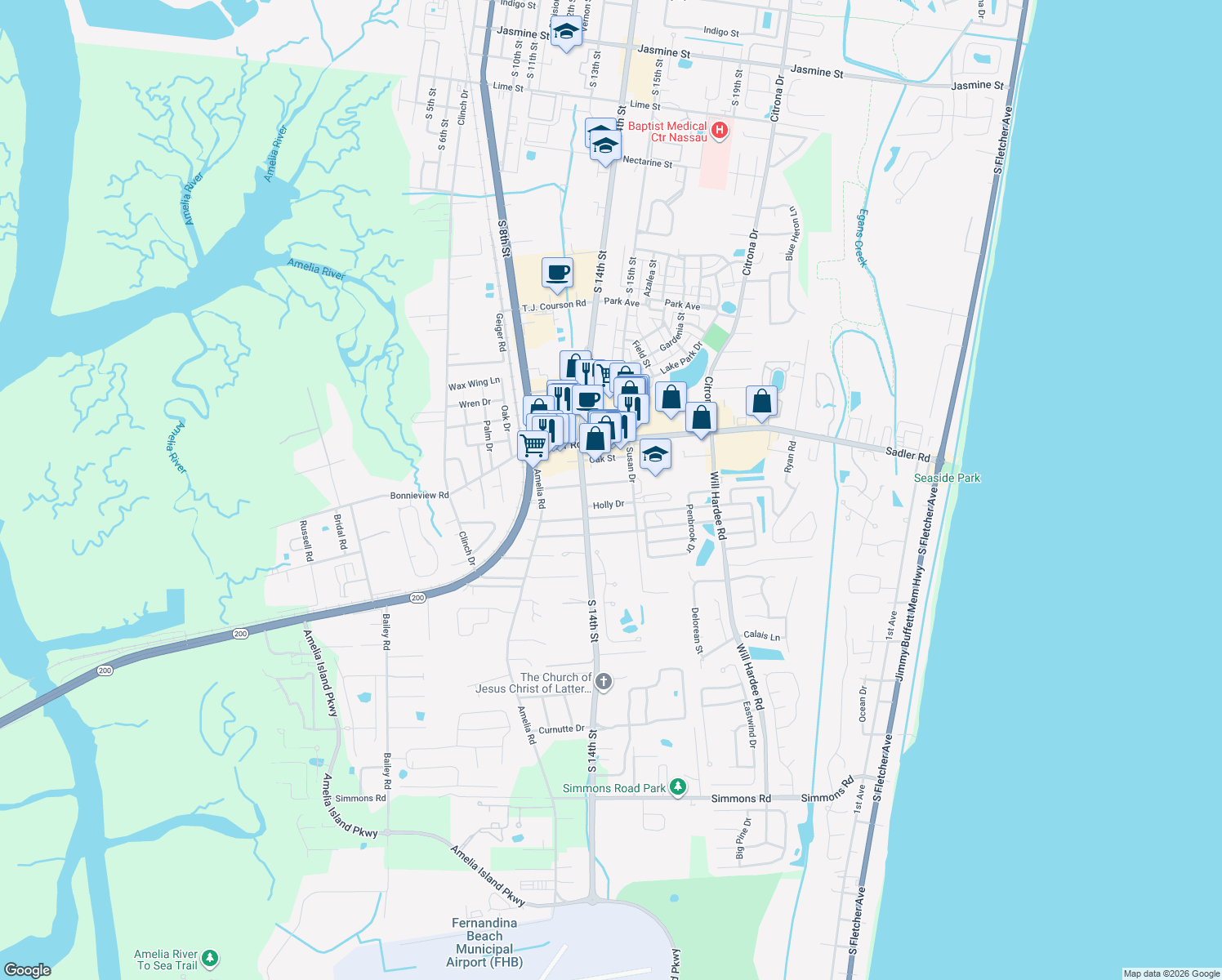 map of restaurants, bars, coffee shops, grocery stores, and more near 1458 Cashen Drive in Fernandina Beach