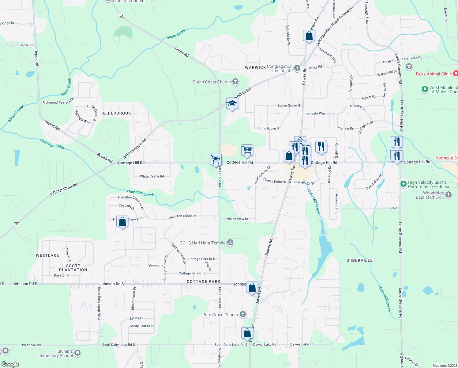 map of restaurants, bars, coffee shops, grocery stores, and more near 9155 Field Brook Ct in Mobile