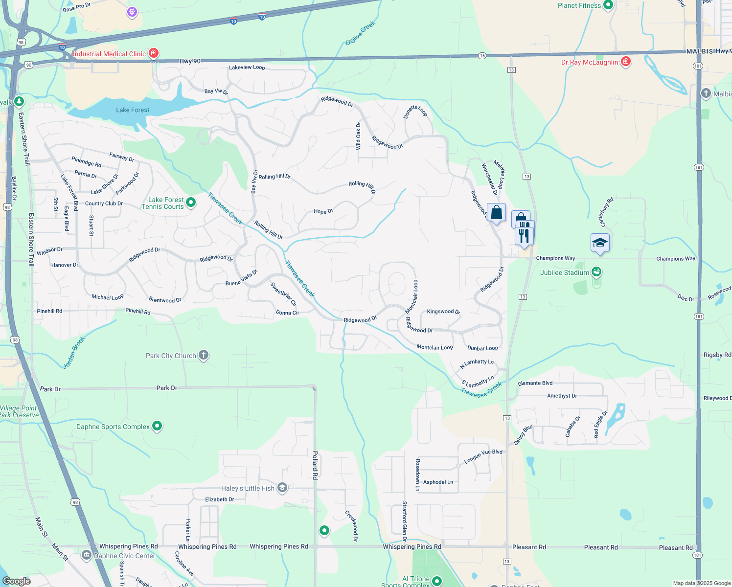 map of restaurants, bars, coffee shops, grocery stores, and more near 302 North South Straford Circle in Daphne