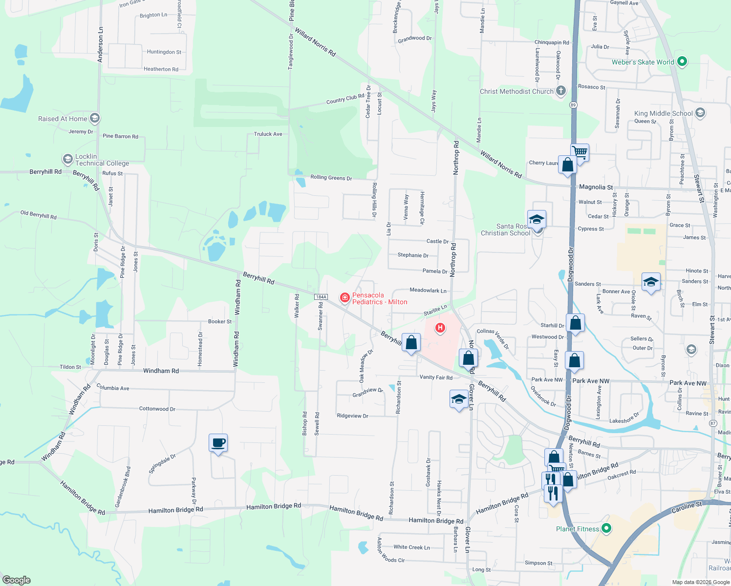 map of restaurants, bars, coffee shops, grocery stores, and more near 5574 Debbie Drive in Milton