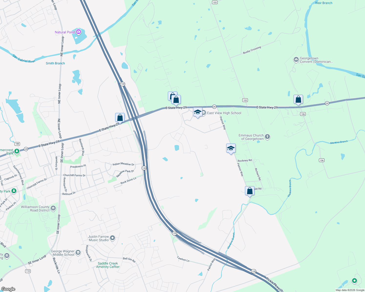 map of restaurants, bars, coffee shops, grocery stores, and more near 4250 East University Avenue in Georgetown