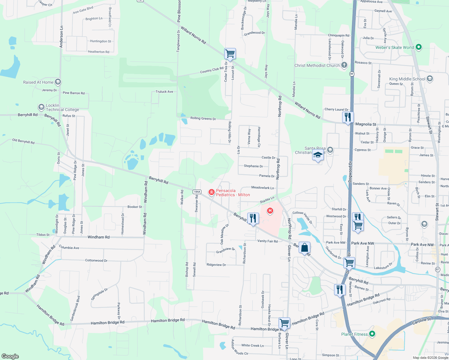 map of restaurants, bars, coffee shops, grocery stores, and more near 5600 Wesley Drive in Milton
