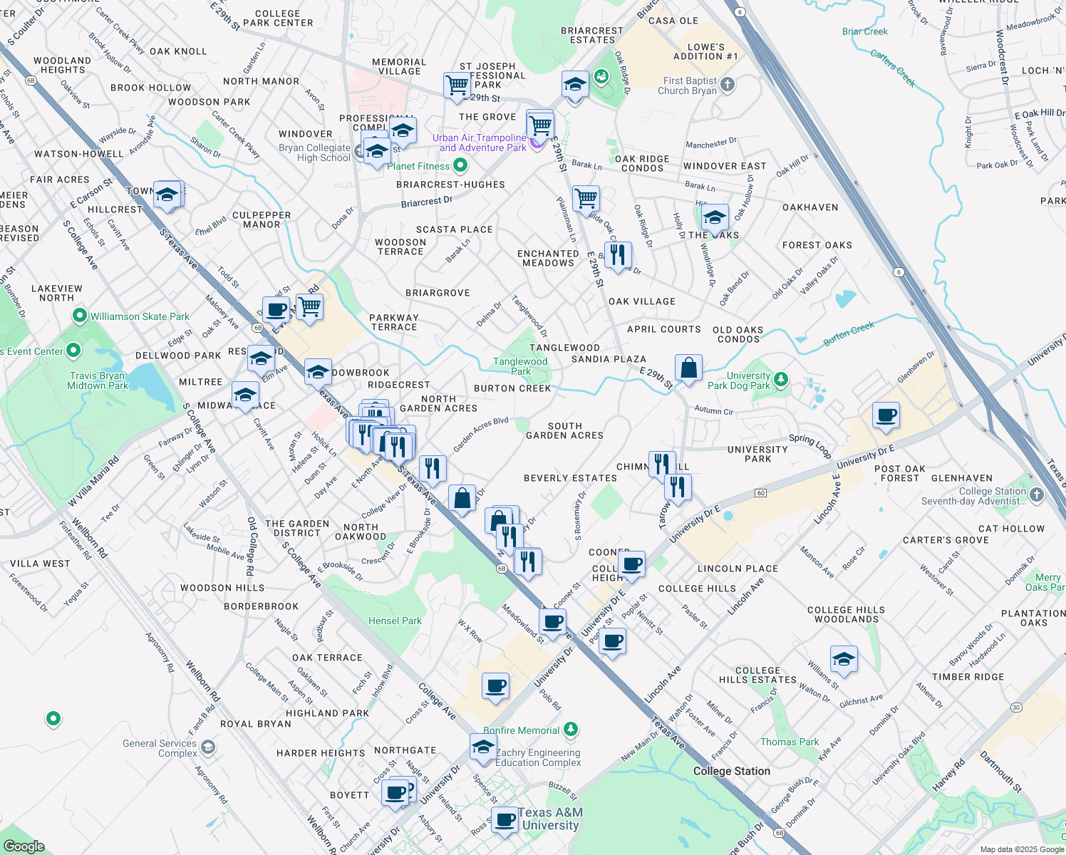 map of restaurants, bars, coffee shops, grocery stores, and more near 739 Inwood Dr in Bryan