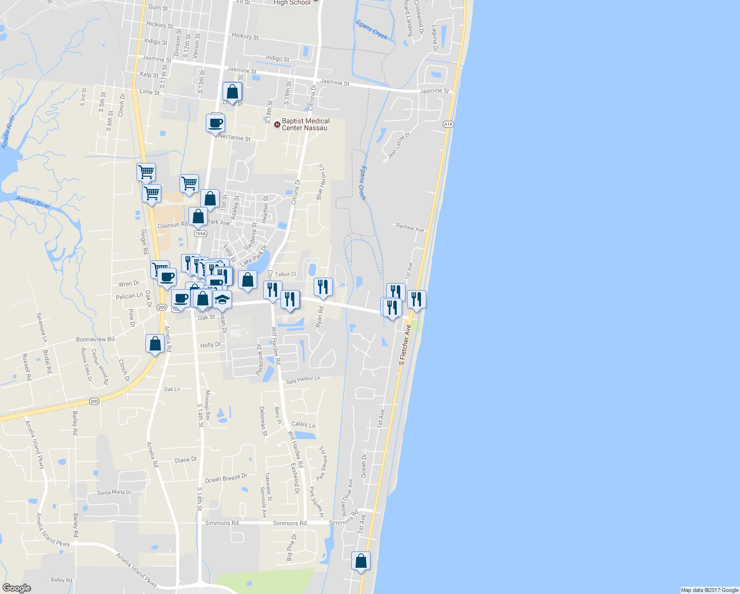 map of restaurants, bars, coffee shops, grocery stores, and more near 2425 Sadler Road in Fernandina Beach