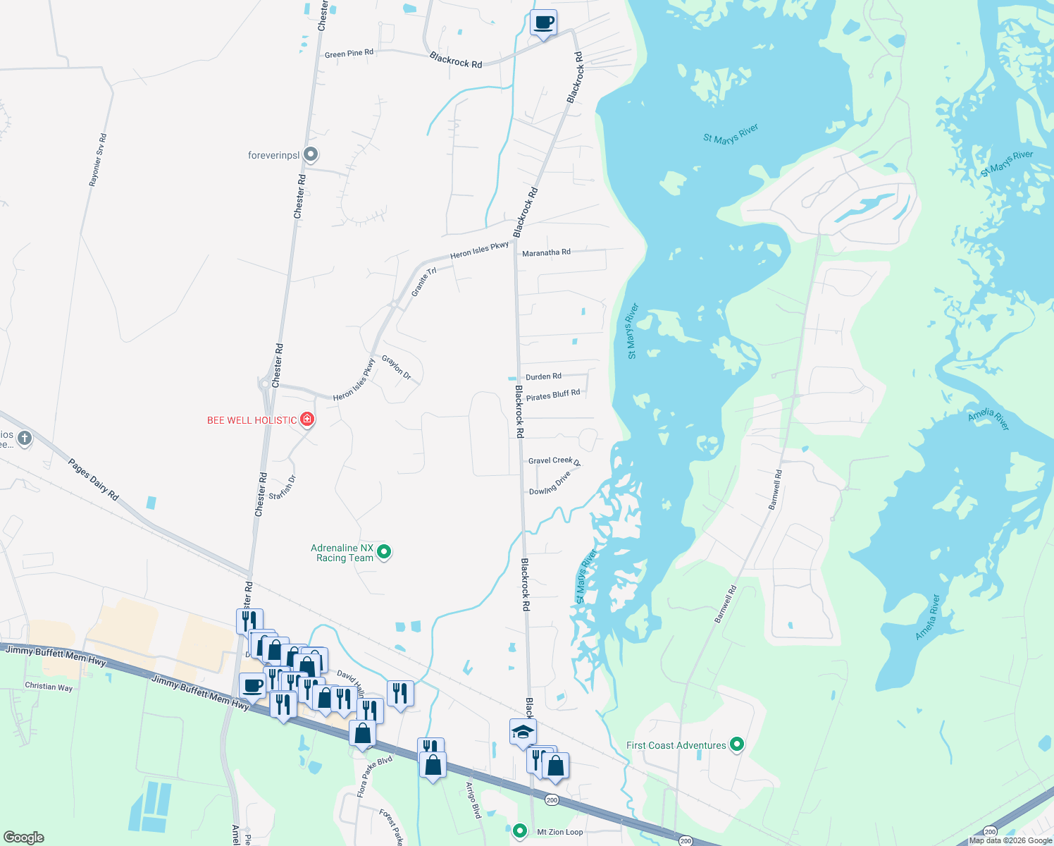 map of restaurants, bars, coffee shops, grocery stores, and more near 96022 Captains Pointe Road in Yulee
