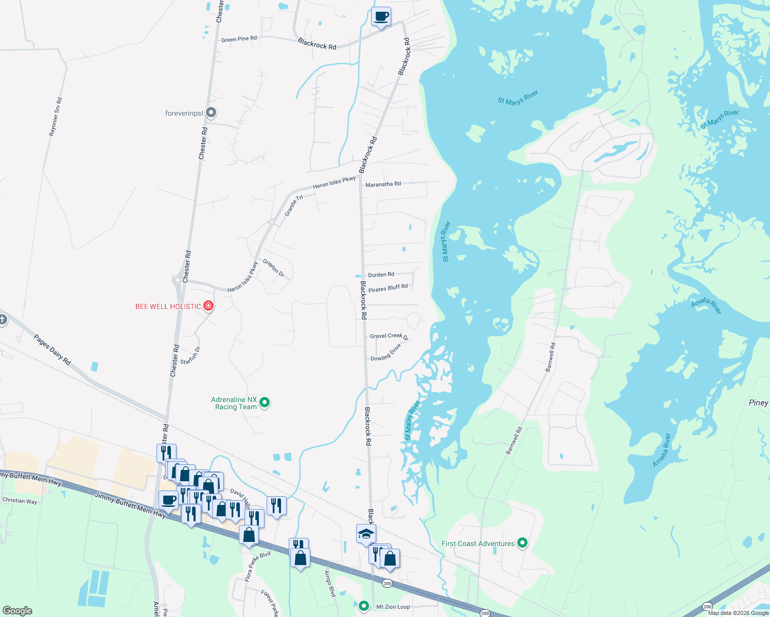map of restaurants, bars, coffee shops, grocery stores, and more near 96102 Captains Pointe Road in Yulee