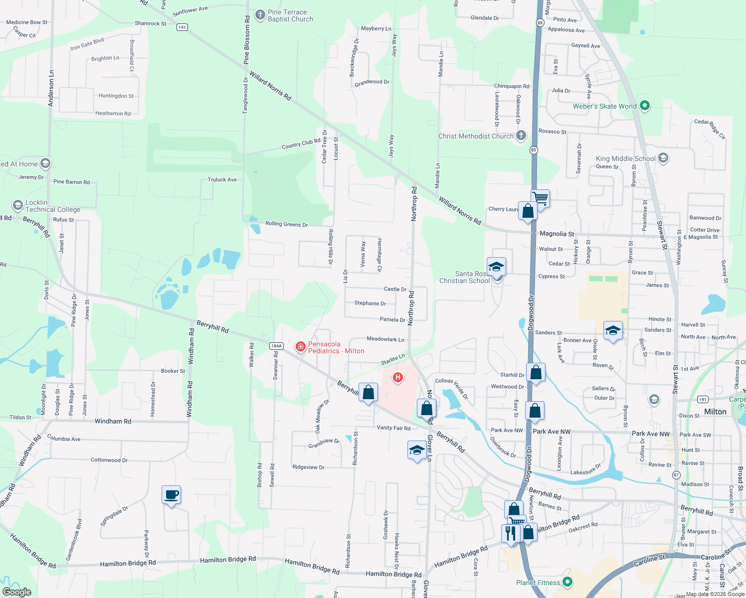 map of restaurants, bars, coffee shops, grocery stores, and more near 5920 Stephanie Drive in Milton