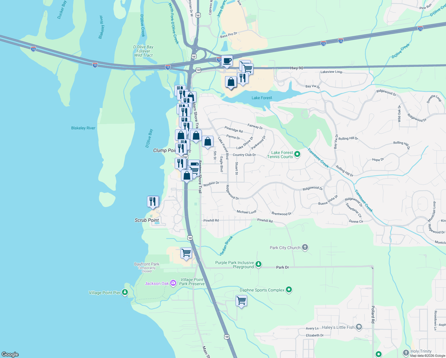map of restaurants, bars, coffee shops, grocery stores, and more near 121 Windsor Drive in Daphne