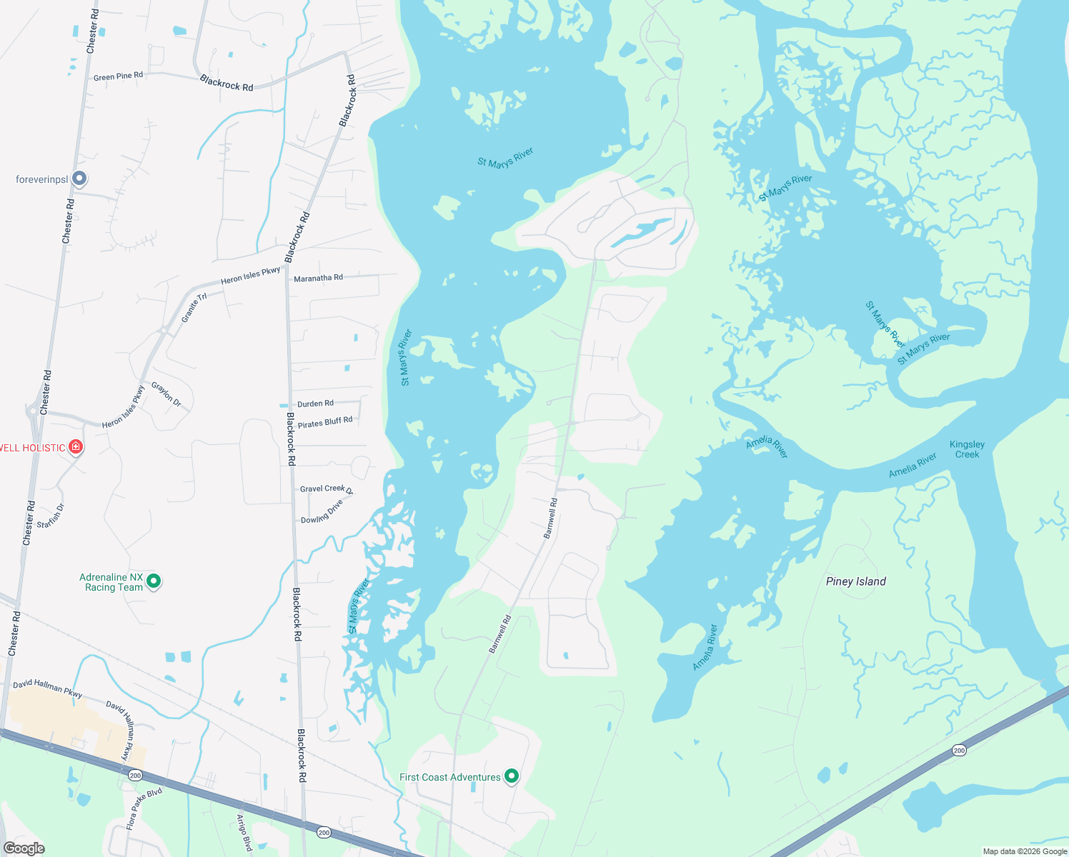 map of restaurants, bars, coffee shops, grocery stores, and more near 96095 Osprey Point Lane in Fernandina Beach