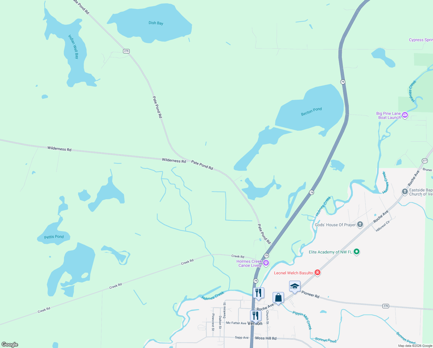 map of restaurants, bars, coffee shops, grocery stores, and more near 3964 Pate Pond Road in Vernon