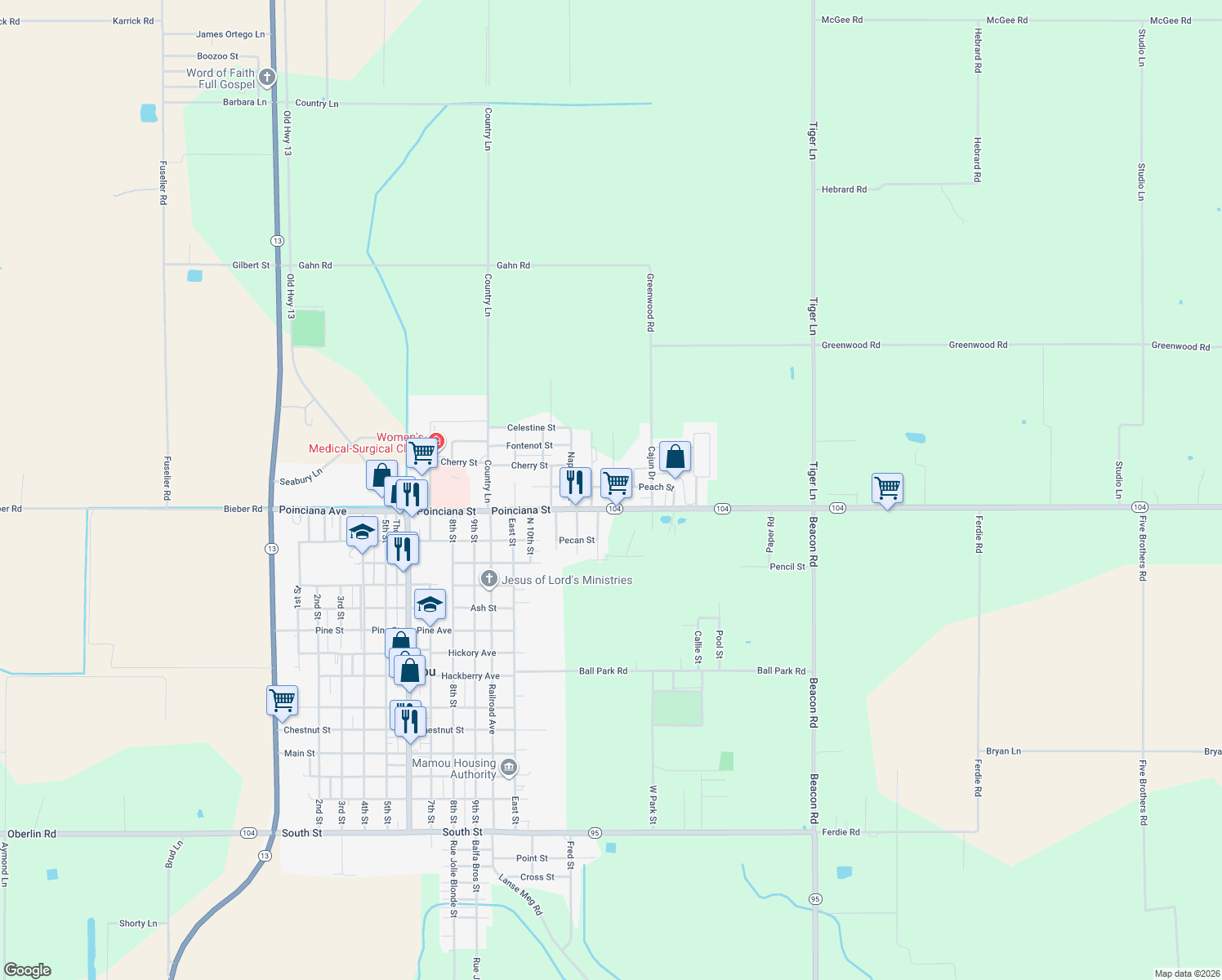map of restaurants, bars, coffee shops, grocery stores, and more near 1401 Claiborne Street in Mamou