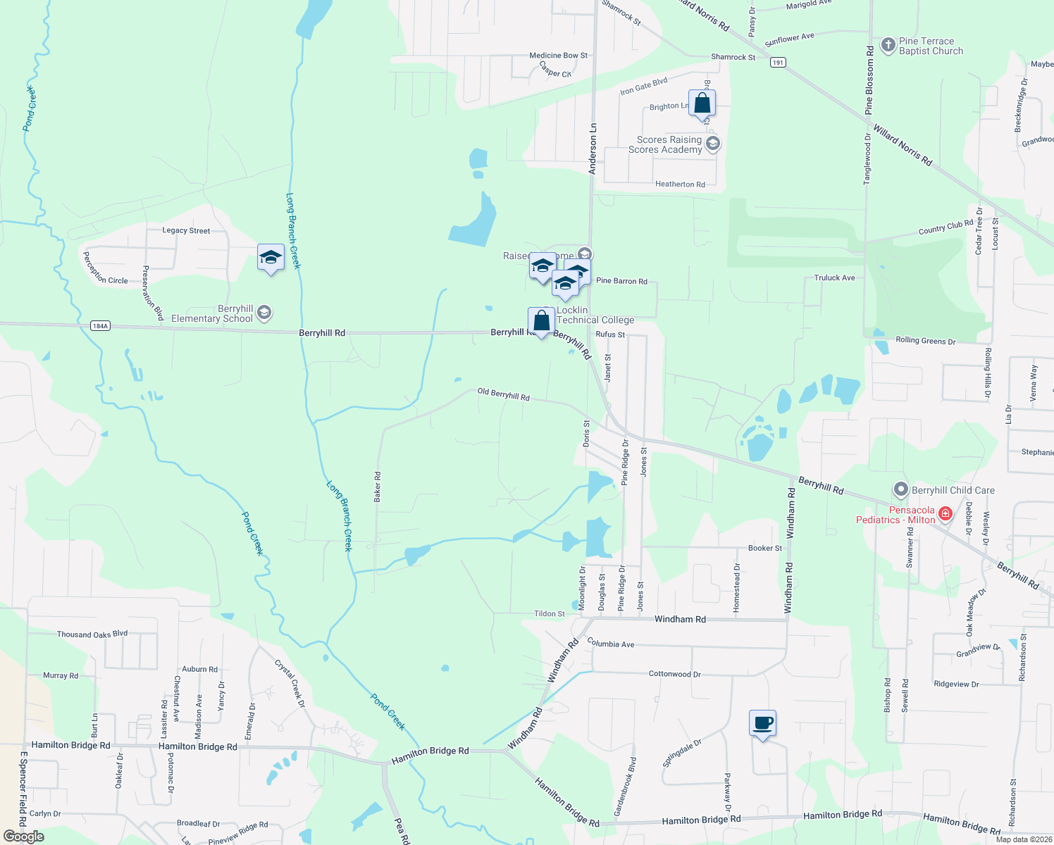 map of restaurants, bars, coffee shops, grocery stores, and more near 5305 Old Berryhill Road in Milton