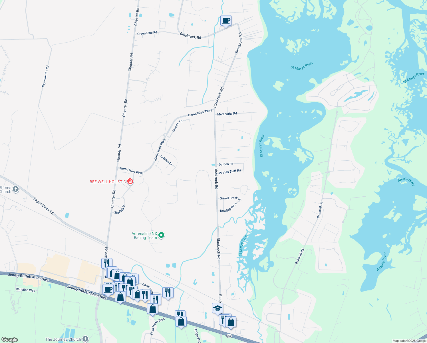 map of restaurants, bars, coffee shops, grocery stores, and more near 96283 Blackrock Road in Yulee
